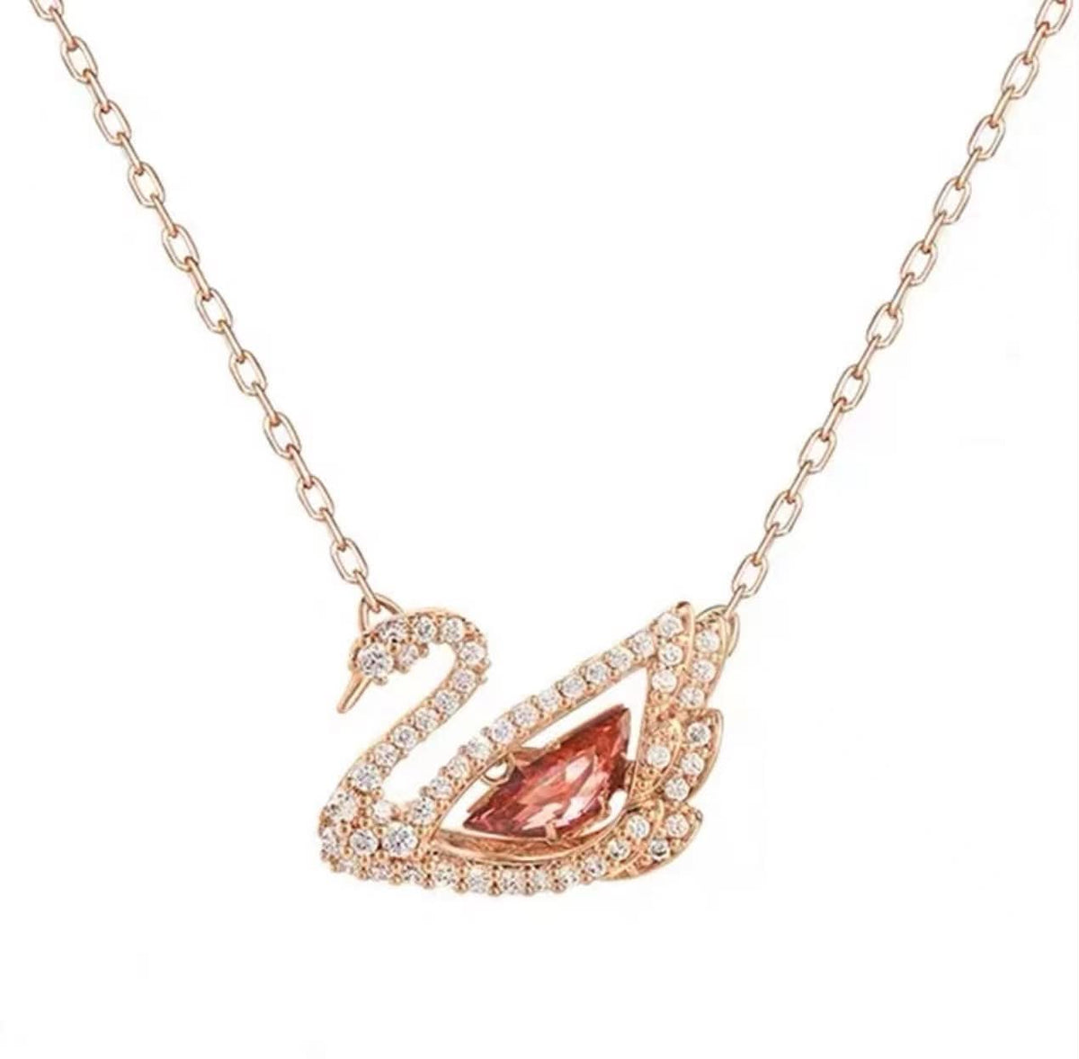 Pink Crystal Swan Necklace - Rose Gold