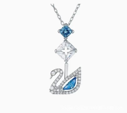 Blue Dangle Swan Necklace - Silver Crystal Drop