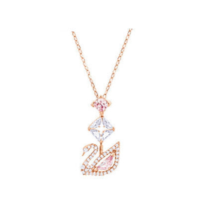 Pink Dangle Swan Necklace - Rose Gold Crystal Drop