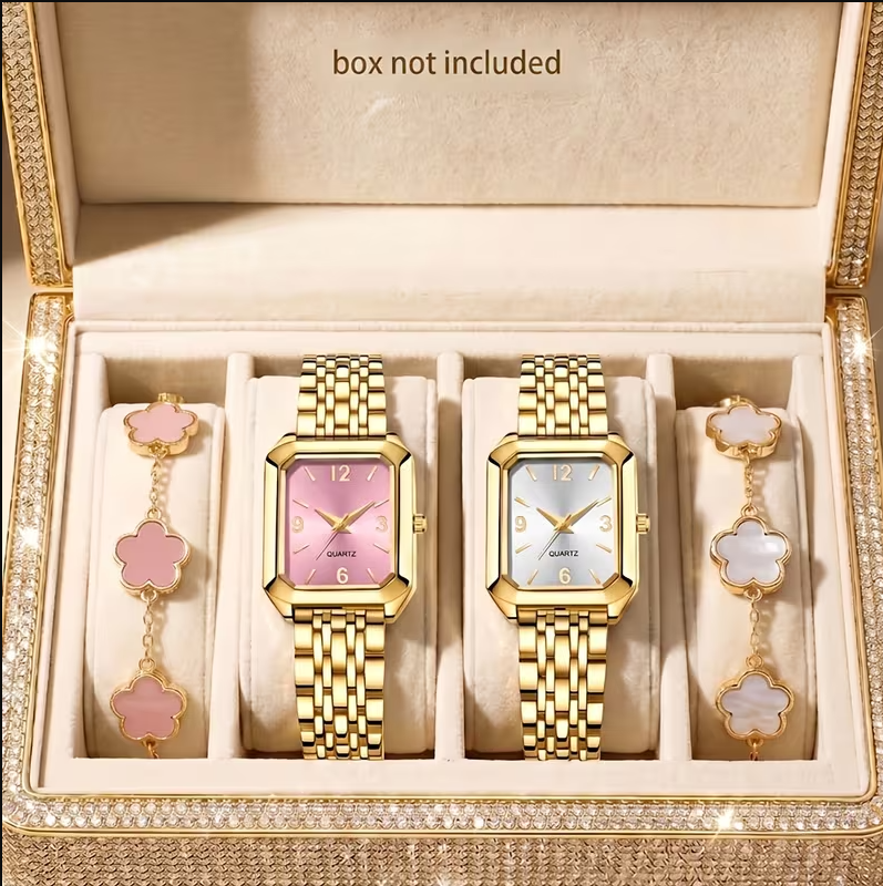 مجموعة ساعة كوارتز فاخرة للنساء مع سوار زهور - 4 قطع
