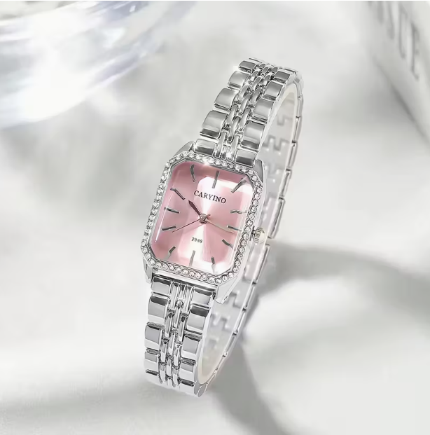 CARYINO Women's Crystal Square Quartz Watch - Pink Dial