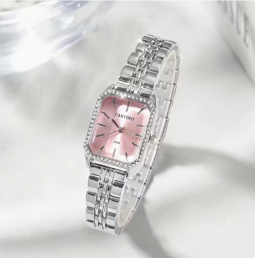 CARYINO Women's Crystal Square Quartz Watch - Pink Dial