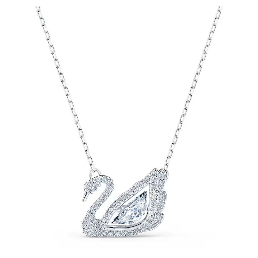 Crystal Swan Necklace with sparkling white rhinestones and rhodium-plated chain